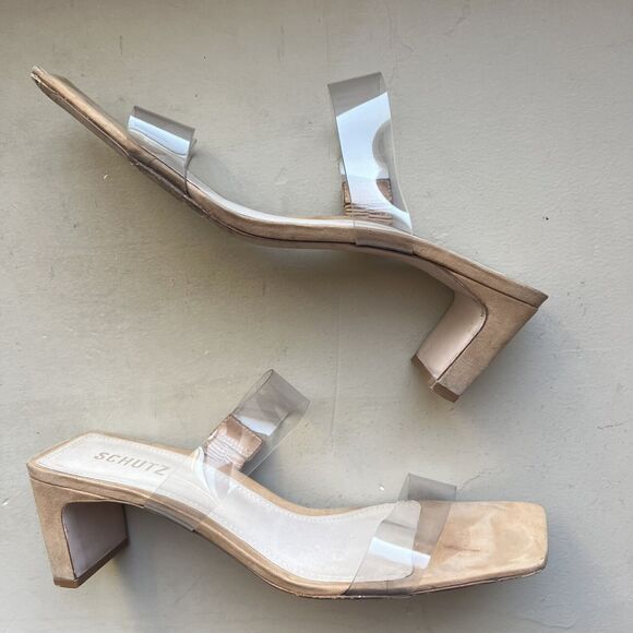 Schutz Taina Nude Tan Nubuck Leather Slide Sandal Clear Wide Straps Women's 10 - Picture 1 of 16